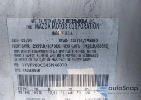 2004 Mazda Mazda6 I z USA, uszkodzony, nr VIN 1YVFP80C545N46018